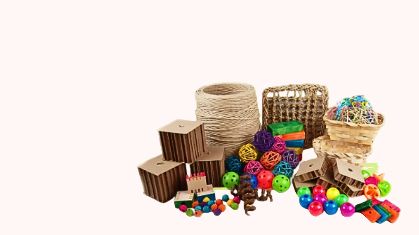 An assortment of bright and natural bird toy parts