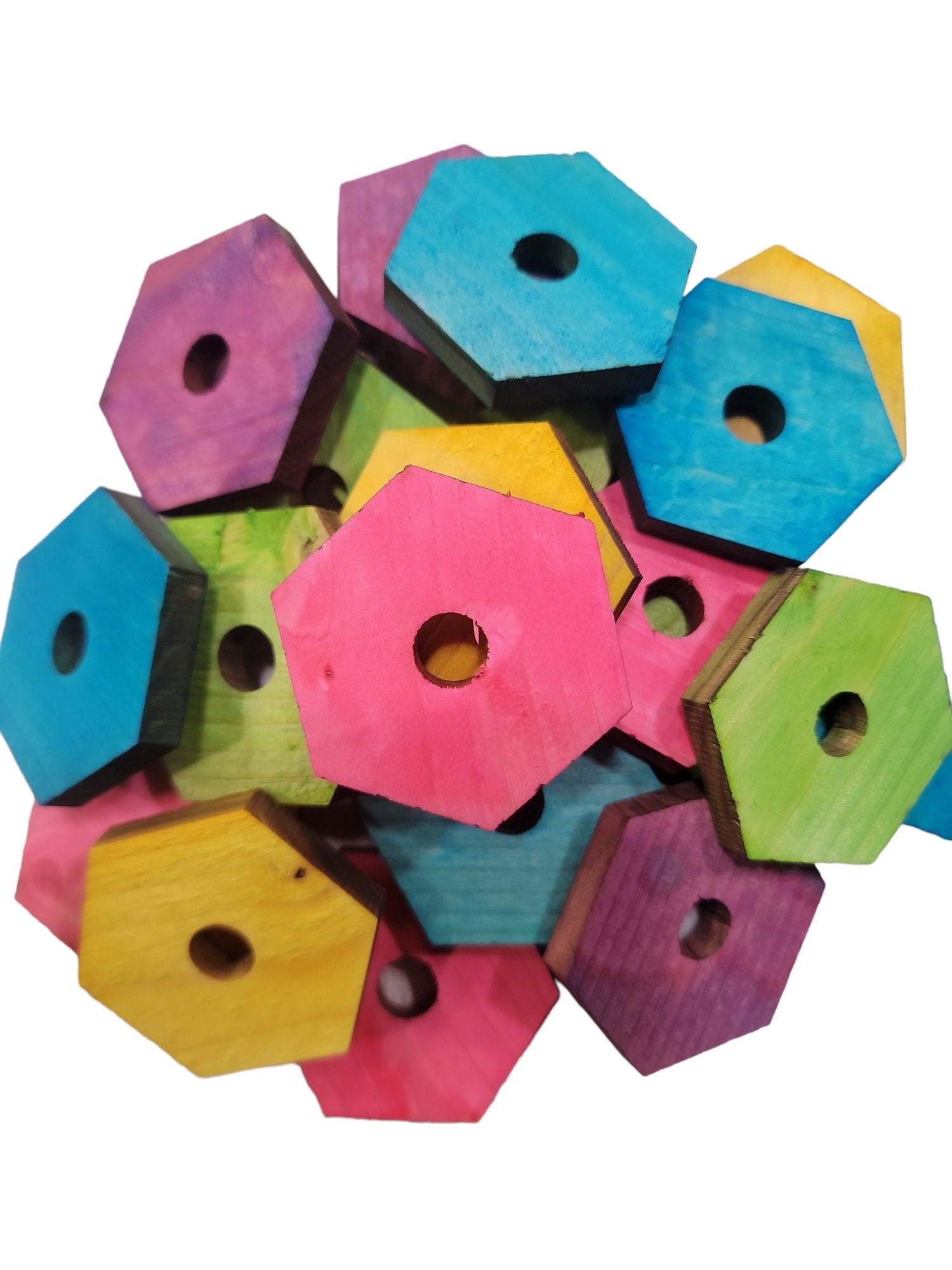 Colorful Pine Hexagons - 25 Pack - Talon Toy for Parrots, Bird Toy Parts
